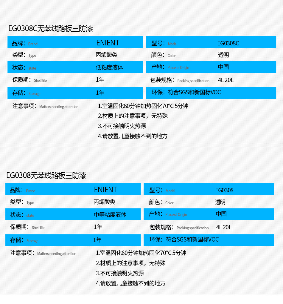 EG0308無苯線路板三防漆具有優異的防水、防潮、防塵、絕緣性能，同時耐冷熱沖擊、耐老化、耐輻射、耐鹽霧、耐腐蝕、耐振動、耐電弧，柔韌性、附著力等性能良好，帶熒光指示，可檢查噴涂是否到位。